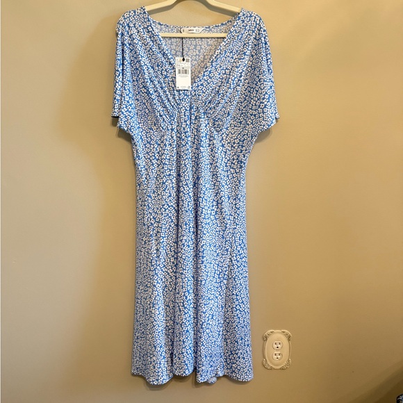 Mango MNG • NWT Blue & White Daisy XXL A Line V Neck Midi Dress Pleated Detail - Picture 6 of 11
